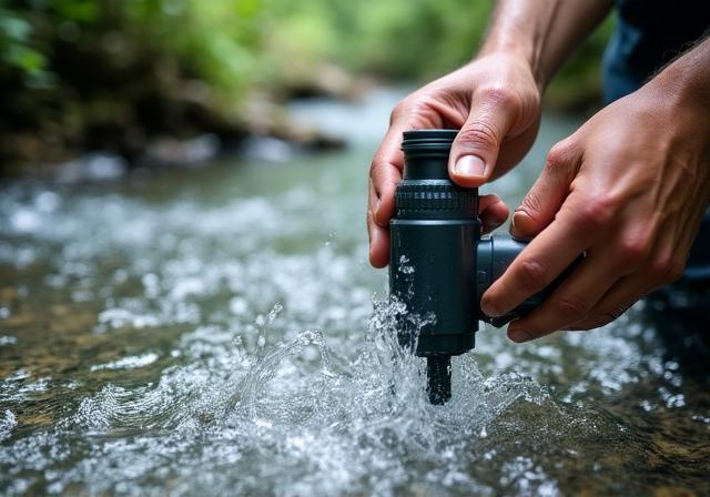 Close up of a portable water filter being used at a forest stream